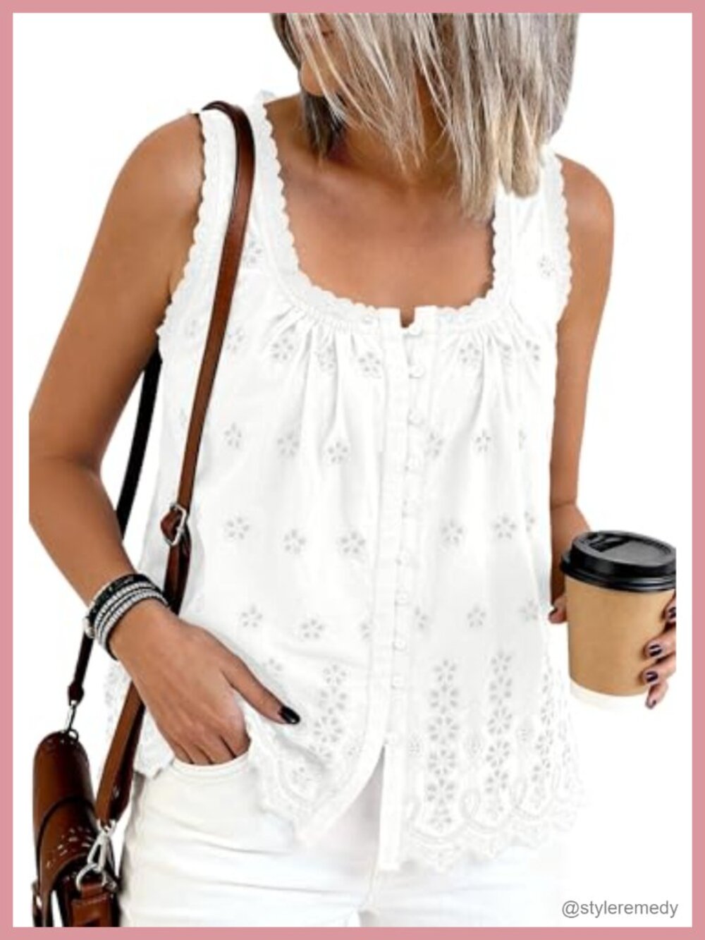 Lace Tank Top Embroidery Eyelet Blouses Button Down Sleeveless Top